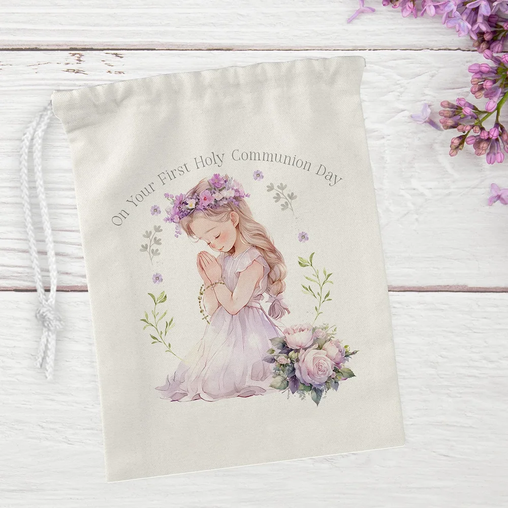 Paquete de 4 Bolsas de Regalo con Cordón para el Día de la Primera Comunión, Recuerdos de Bautizo, Regalos de Comunión para Niñas, Regalos de Bautizo para Invitados
