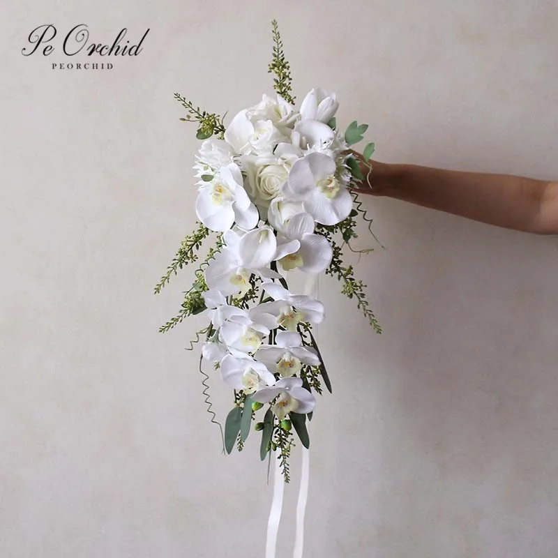 PEORCHID White Bridal Cascading Bouquet Artificial Silk Flowers For Decorations Trouwboeket Orchid Waterfall Wedding Bouquets