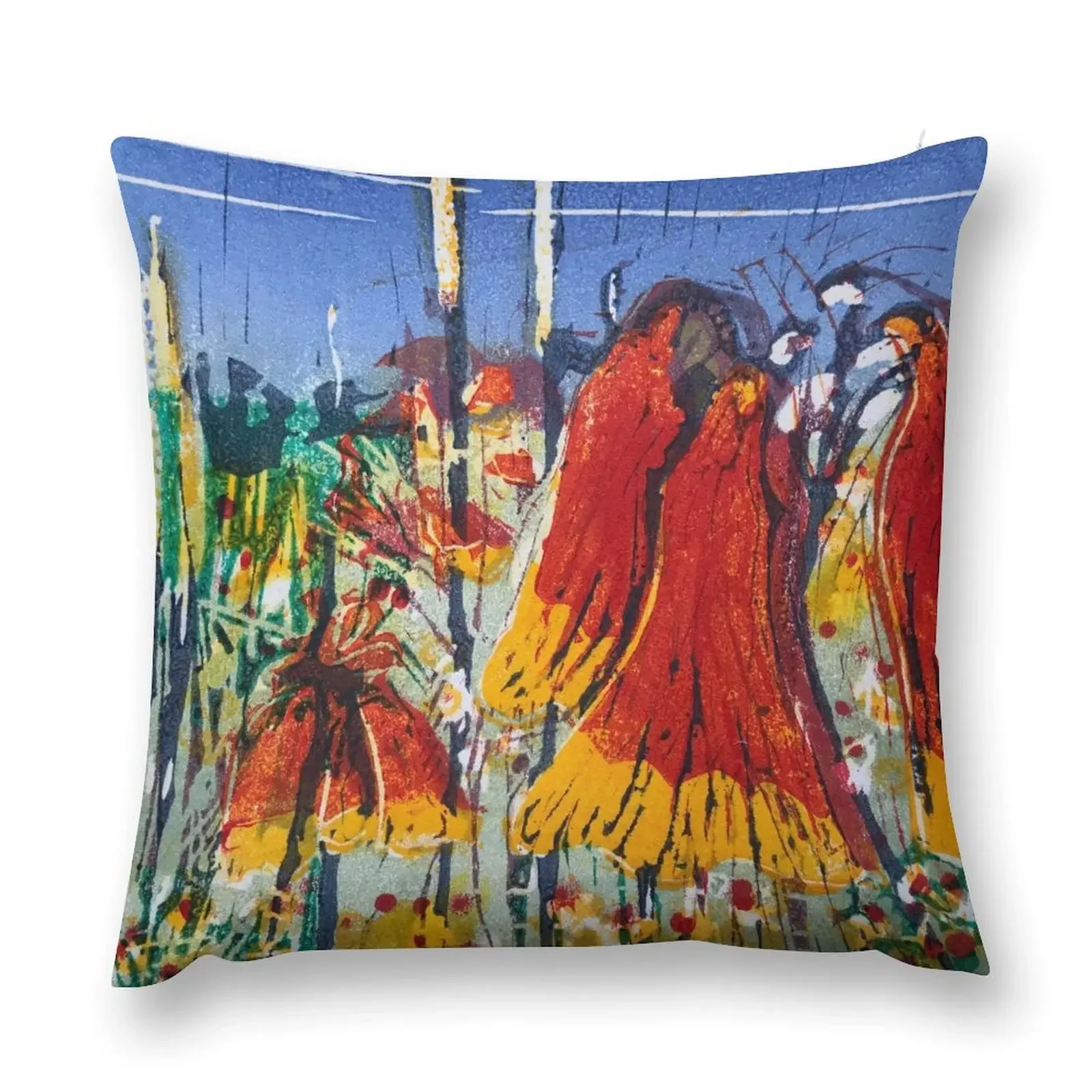 Christmas Bells, this is a multicoloured reduction linocut print by Geoff Hargraves Throw Pillow