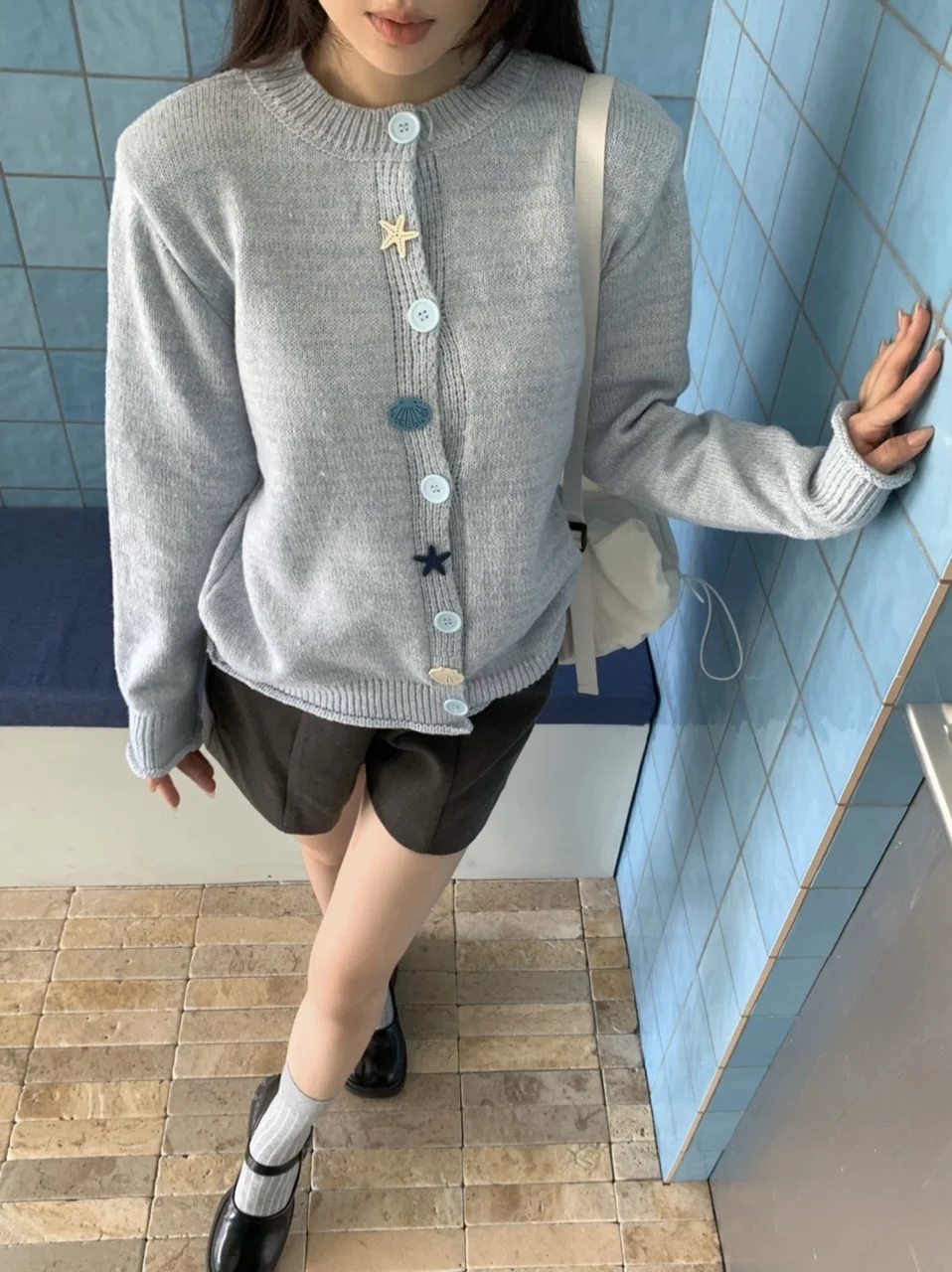 Personalized Cute Cartoon Button Single Breasted Cardigan Gray Blue Long Sleeve Sweater Jacket College Style Sweet Women Clothes