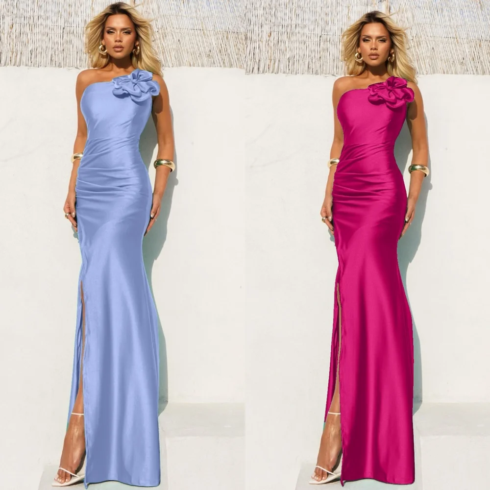 

Customized Mermaid Simple Blue Satin Celebrity Gowns Elegant One Shoulder Evening Dresses Modern Flowers Vestido De Festa