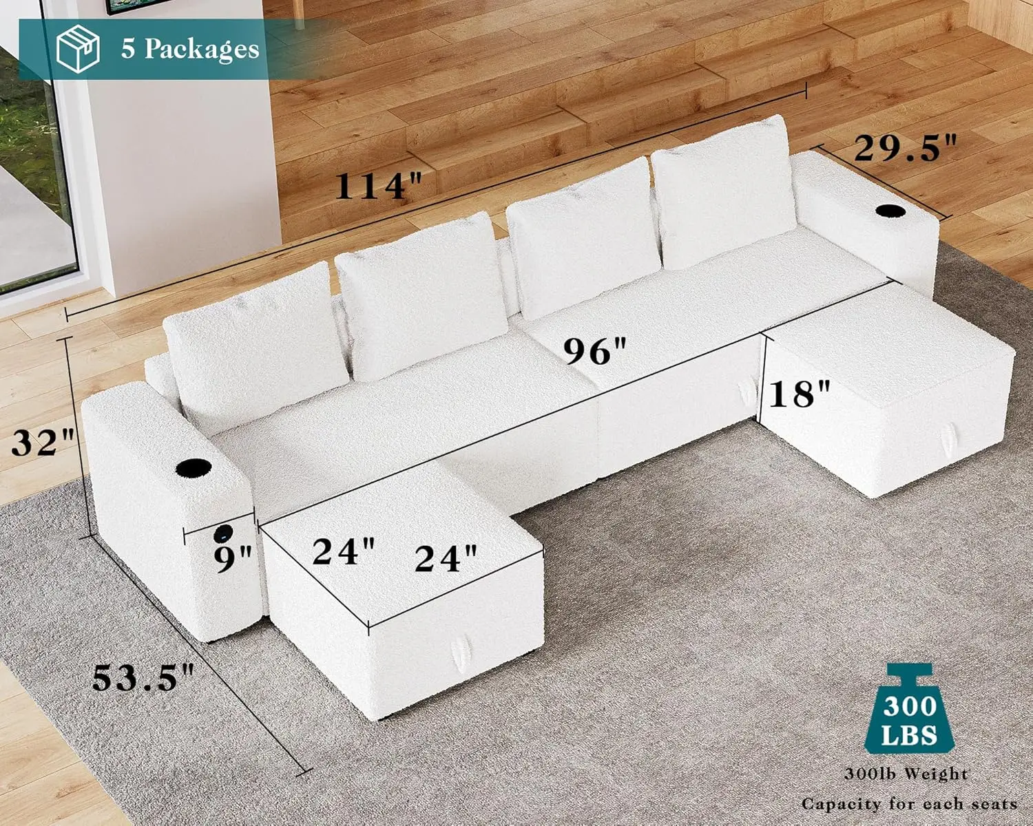 114 Inch Modular Sectional Sofa with 2 USB Ports & Cup Holders, 6 Seats U Shaped Couch with Storage