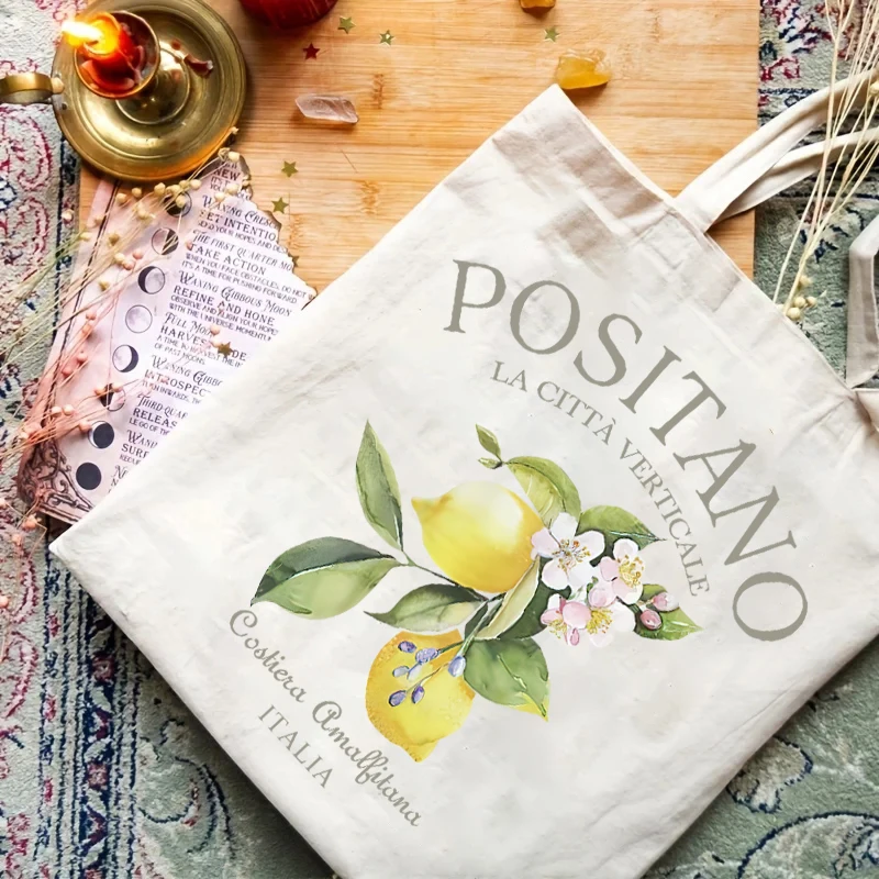 1pc Positano Lemon Flowers Leaves Women Shopper Bags Tote Canvas Plant Travel Shoulder Handbag Shopping Bag