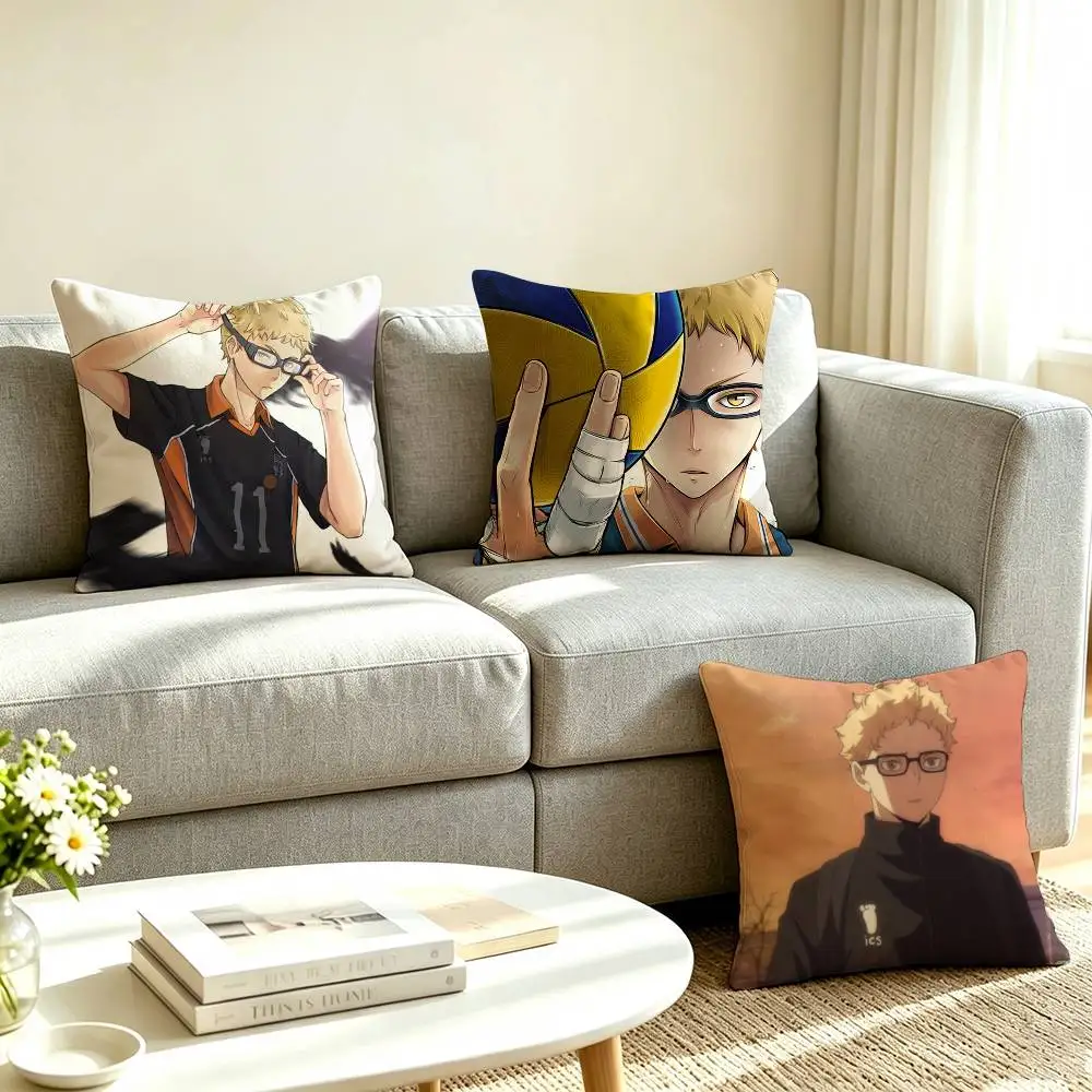 T-Tsukishima Kei Haikyuu Anime  Pillow Case Square Double-Sided Sofa Cushion Cover Bedroom Bedside Pillow
