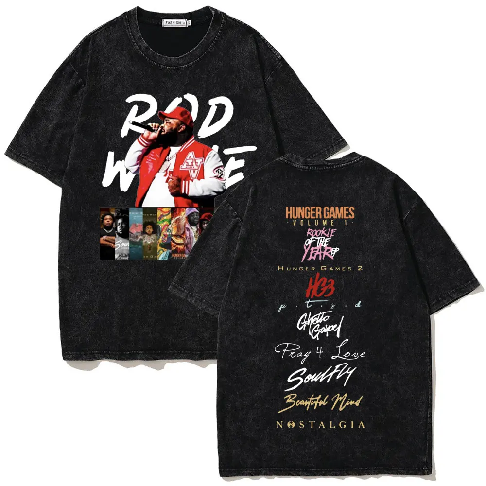 Washed Vintage Rapper Rod Wave Album Print T-shirt Men Clothing Hip Hop Fashion T Shirts Men's Oversized Retro Wash Old T-shirts