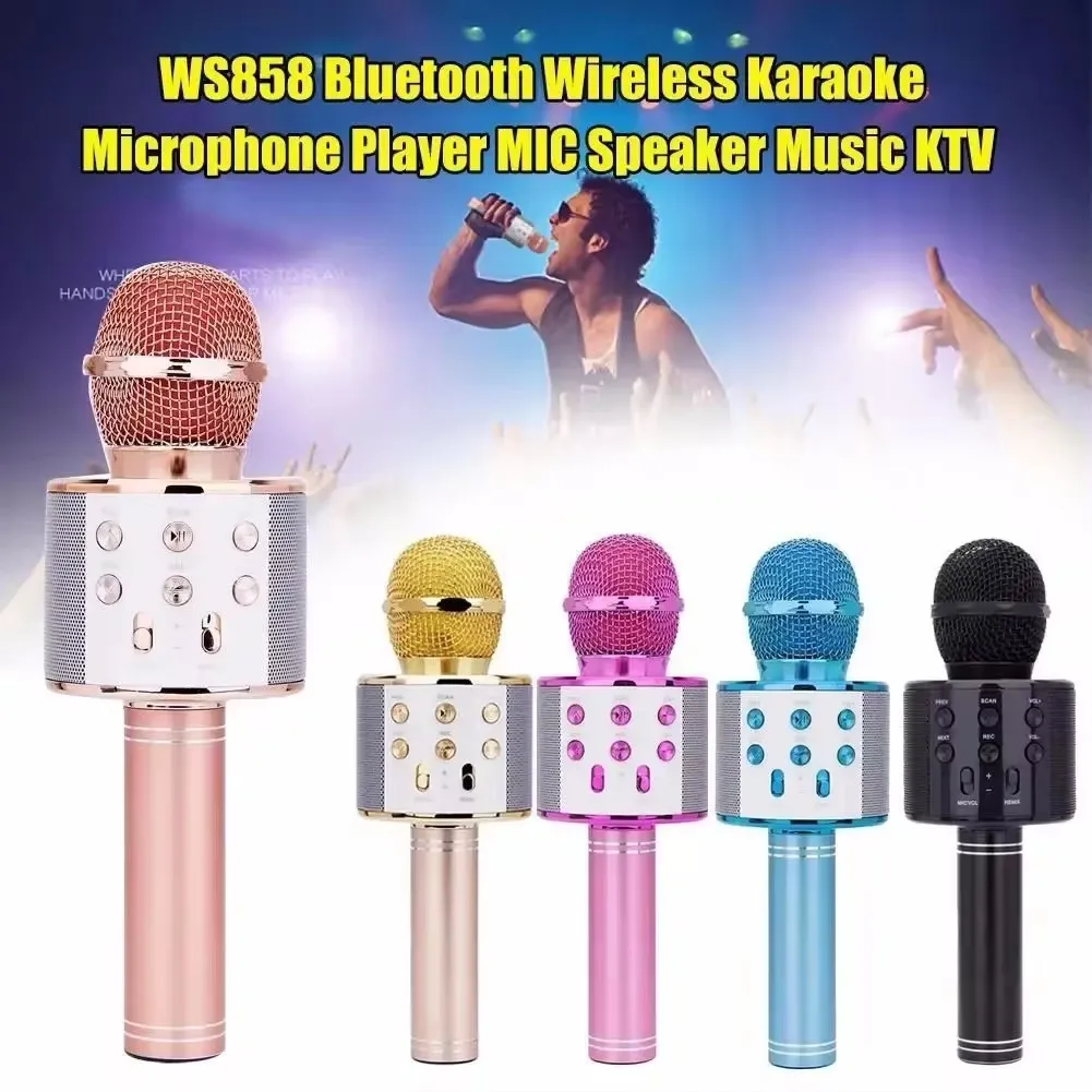 WS858 Karaoke Microphone for Kids Singing 5 in 1 Wireless Bluetooth Microphone with LED Lights Machine Portable Mic Speaker