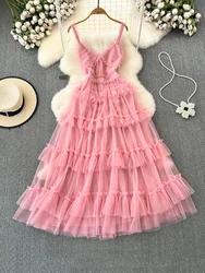Summer New Fashion V-neck Backless Suspender Long Dress for Women's Pink Beach Vacation A-line Mesh Cake Dress A32