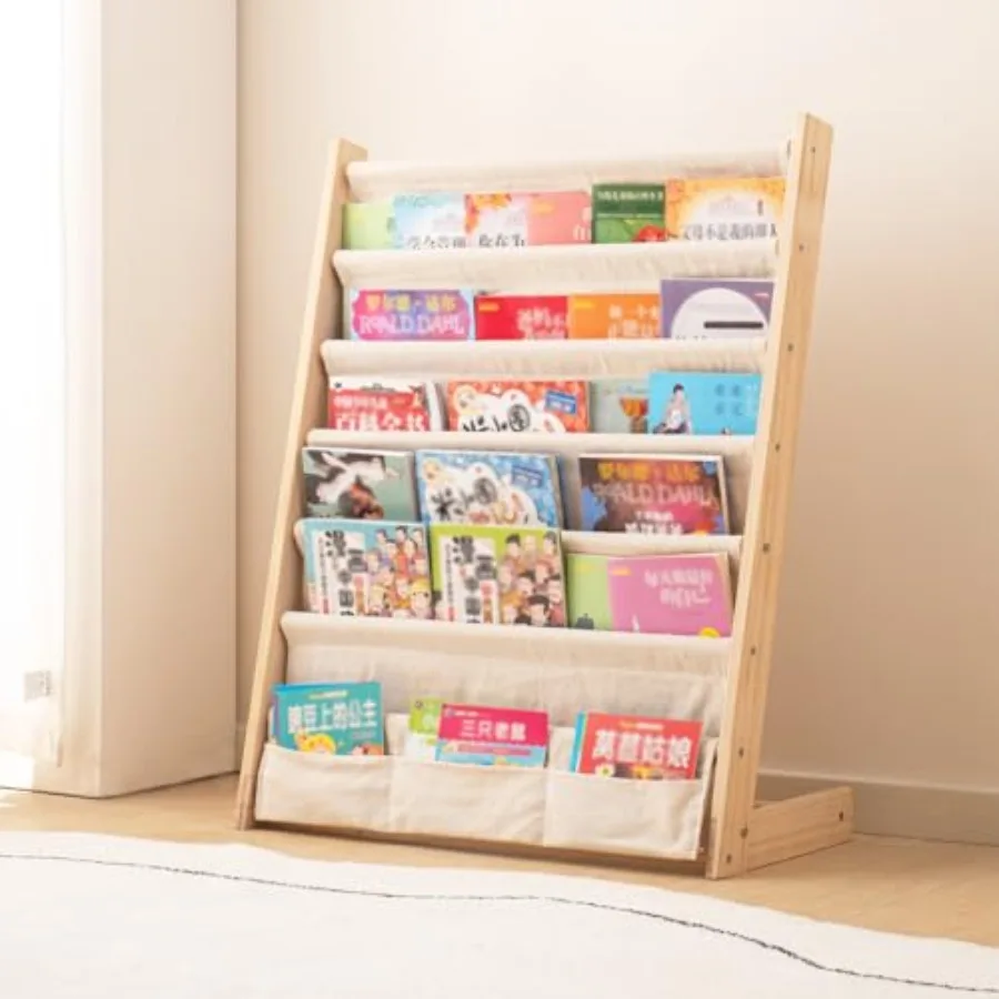 6Tier Wooden Bookshelf for with Natural Finish Ideal for Bedroom Living Room and Playroom Storage Organizer Canvas Book Rack fo
