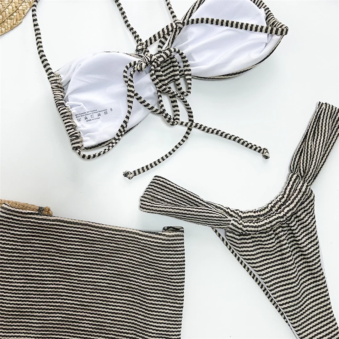 Neuer gestreifter Bikini mit Rock, hohem Beinausschnitt, dreiteiliger Bikini-Set, Damen-Badeanzug, Badebekleidung, Badeanzug, Schwimmbekleidung V5946 – Detail 13