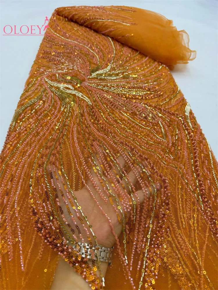 

OLOEY 5 Yards Luxury African Sequins Groom Lace Fabric 2026 High Quality French Nigerian Beaded Lace Fabric For Wedding Dress