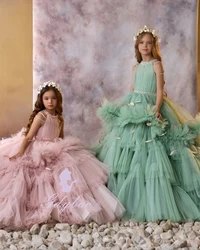 Customized Pink Flower Girl Dress For Wedding Layered Feather Sleeveless Beaded Kids Birthday Party First Communion Ball Gown