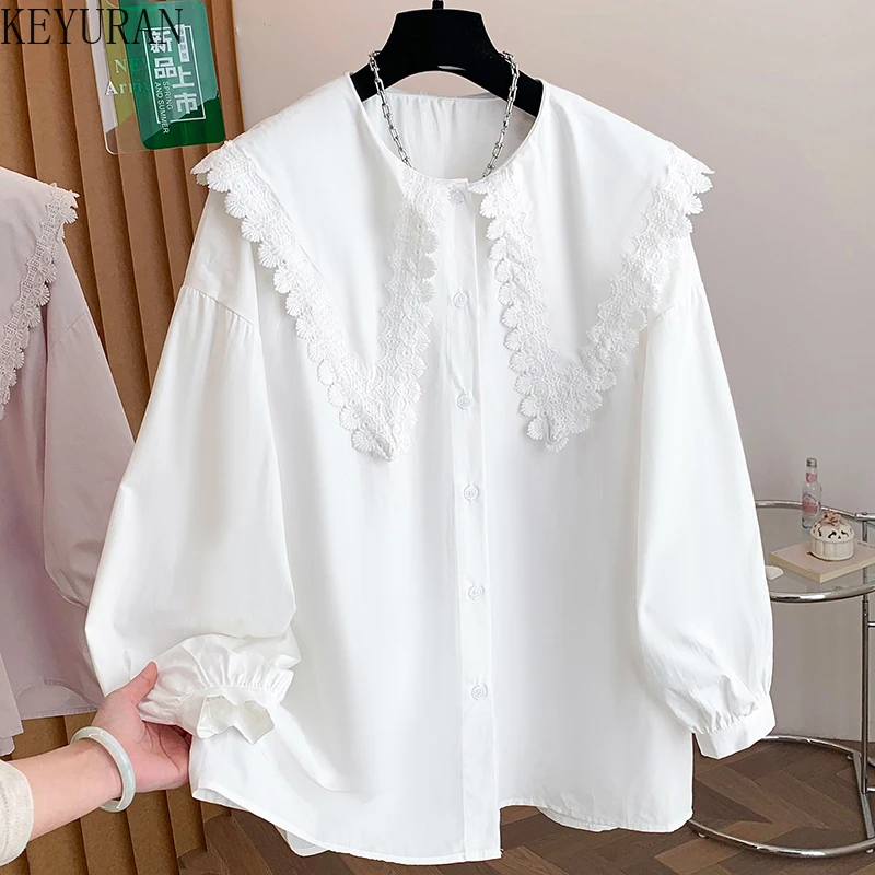 

Белая женская блузка с воротником Питер Пэн, весенняя, в корейском стиле, модная, однотонная, с длинным рукавом, повседневная, свободного кроя