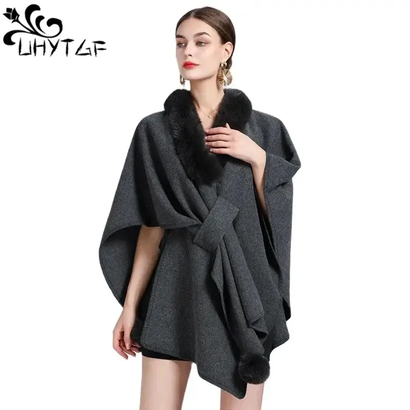 

Knitted Cardigan Cloak Coat Women Imitation Rex Rabbit Fur Collar Cape Outewear Women Korean Shawl Large Size Woolen Jacket 2838