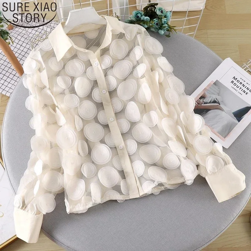 Women Chiffon Shirt Hollow Out Lantern Sleeve Mesh Blouse French Style Three-dimensional Flower Stage Clothes Blusa Mujer 21900