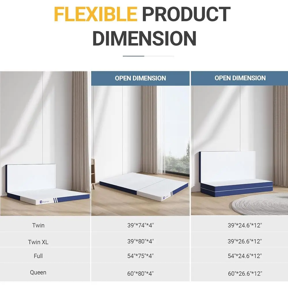 접이식 매트리스 트윈 XL, 접이식 매트리스 4인치 메모리폼, 탈부착 가능한 커버와 분리형으로 휴대 가능한 삼단 접이식 매트리스