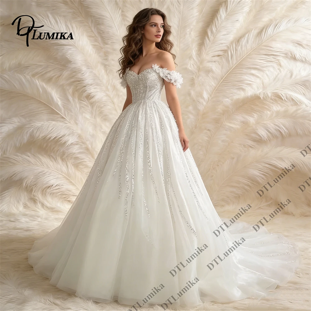 

Off-Shoulder Wedding Dress Elegant Flowy Tulle Ball Gown for Wedding A Line 3D Floral Appliques Womens Bride Dresses Customized