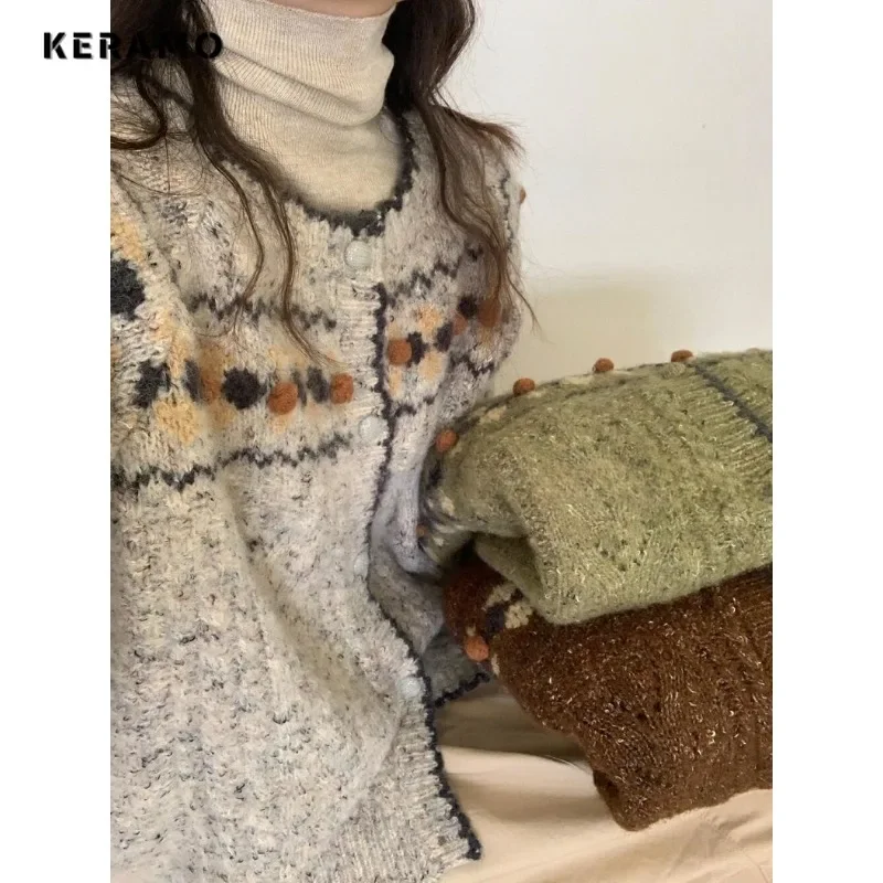 2023 Winter Casual Long Sleeve Office Lady Knitting Cardigans Women\'s Fashion Round Neck Dot Printting Elegant Sweater Top