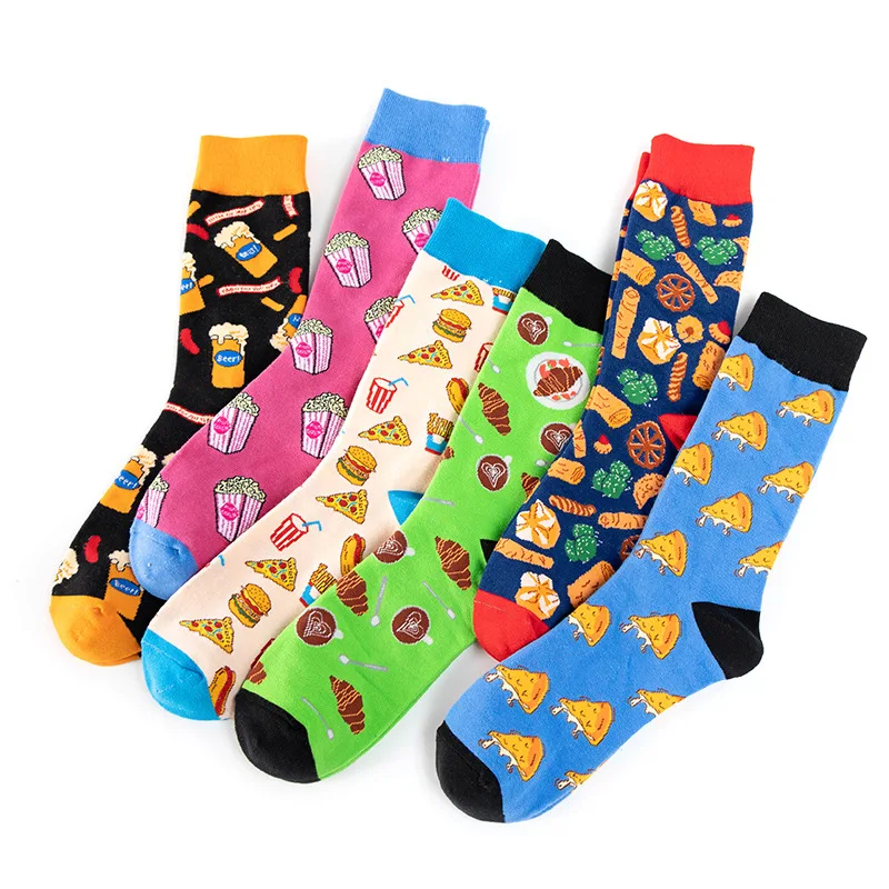 Funny Happy Socks Men Cotton Colorful Cartoon Food Pizza Sushi Novelty Casual Crew Socks