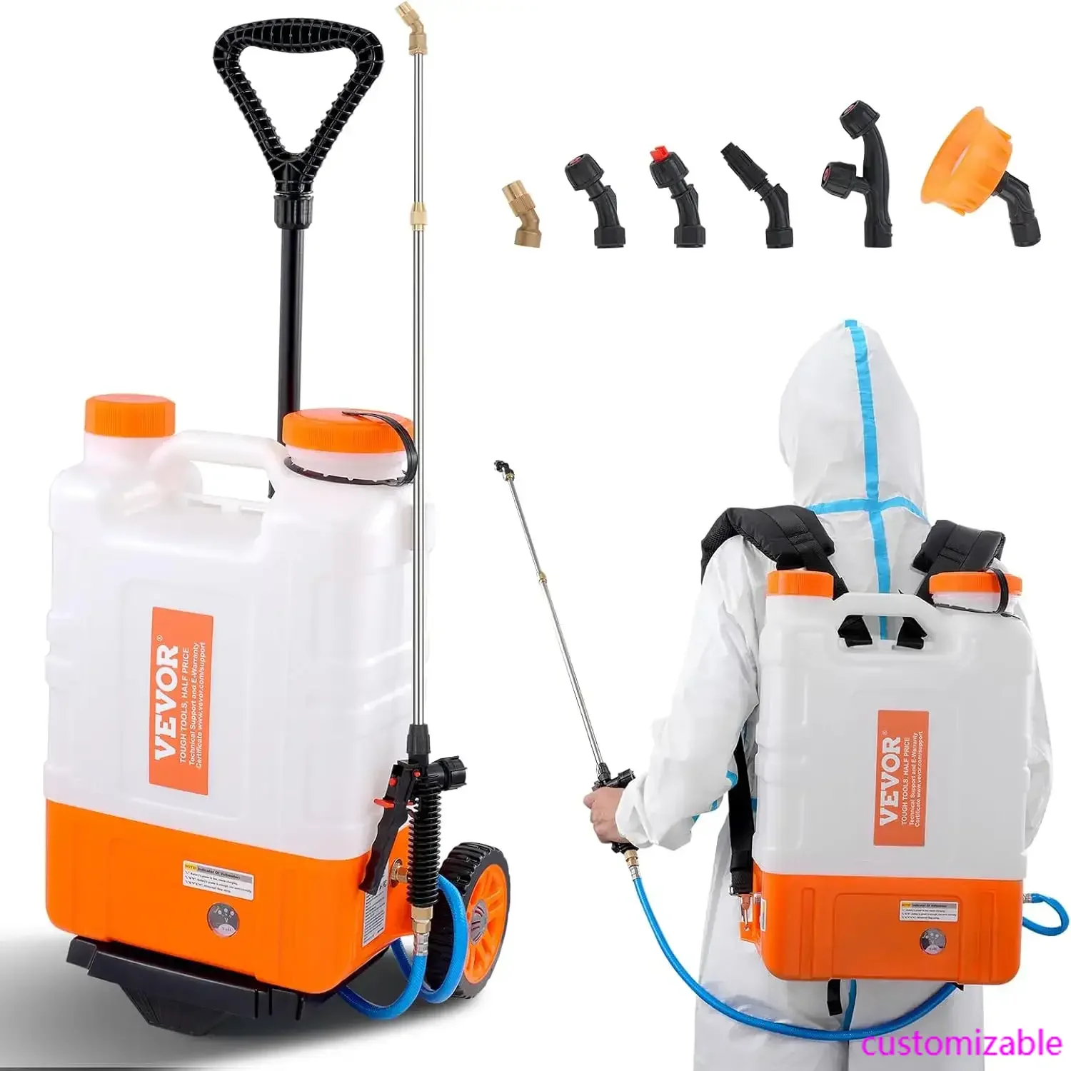 

4 Gallon Battery Powered Backpack Sprayer with Wheeled Cart, Adjustable 0-94 PSI, 13FT Hose, 6 Nozzles, 2 Wands Included, Wide
