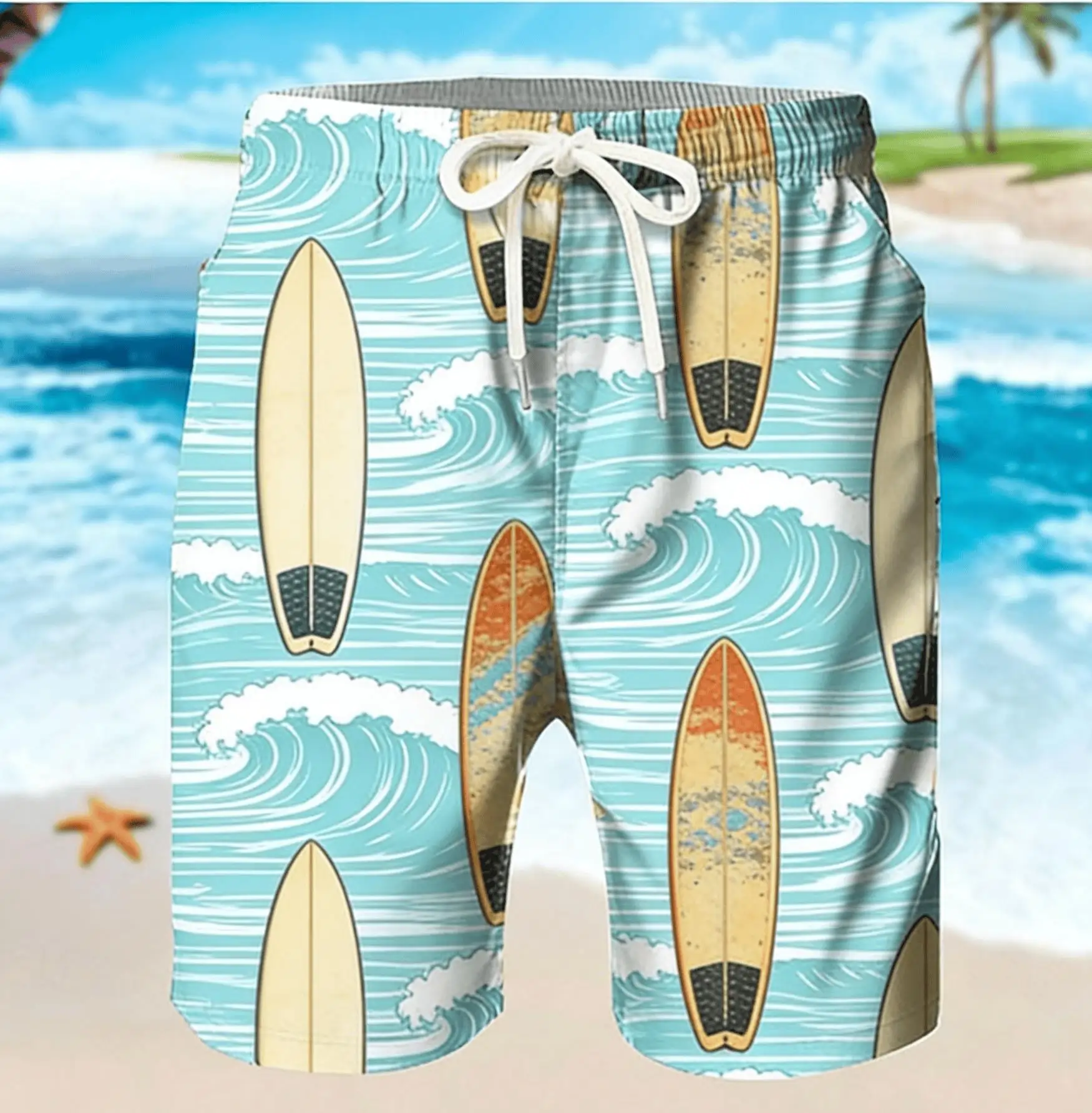 

Men's Fresh Blue Green Print Beach Shorts, Spring Summer Vacation Casual Sports Drawstring Shorts