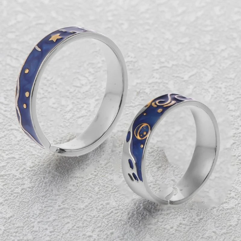 2Pcs S925 Silver Plated Gogh Blue Starry Sky Open Lover Rings Band Love Forever Ring Set Romantic Jewelry