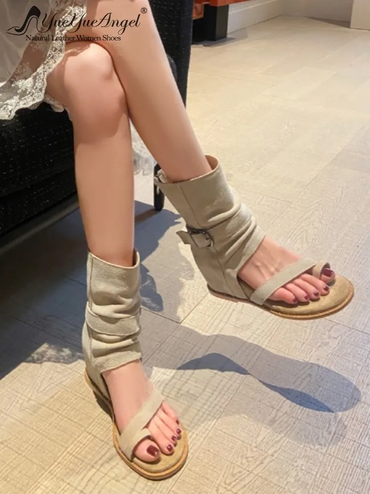 Fashion Ladies Buckle Hollow Out Genuine Leather Internal Height Increasing Shoes Solid Color Cow Suede Zipper Clip Toe Sandals