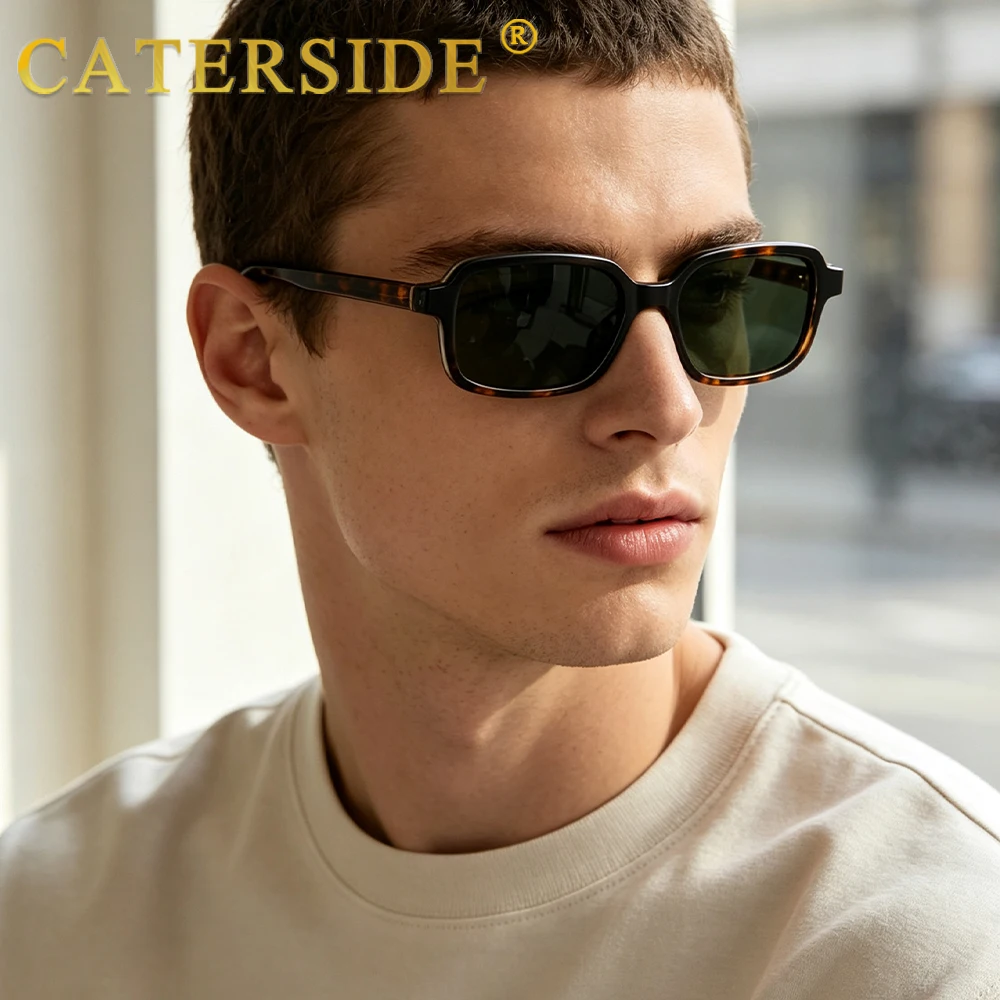 CATERSIDE Men Square Small Frame Sunglasses Cellulose Propionate Temple Tips Women Travel Business Holiday Gift Glasses