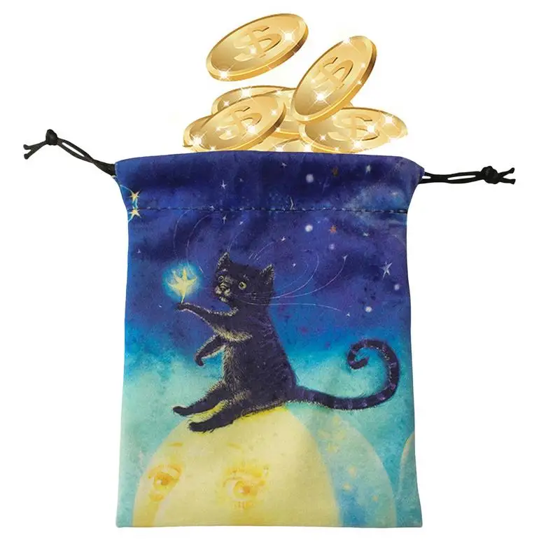 Jewelry Pouch Velvet Mystery Velvet Pouches With Drawstrings Printed With Black Cat Pattern Tarot Card Pouch Organizer Bag