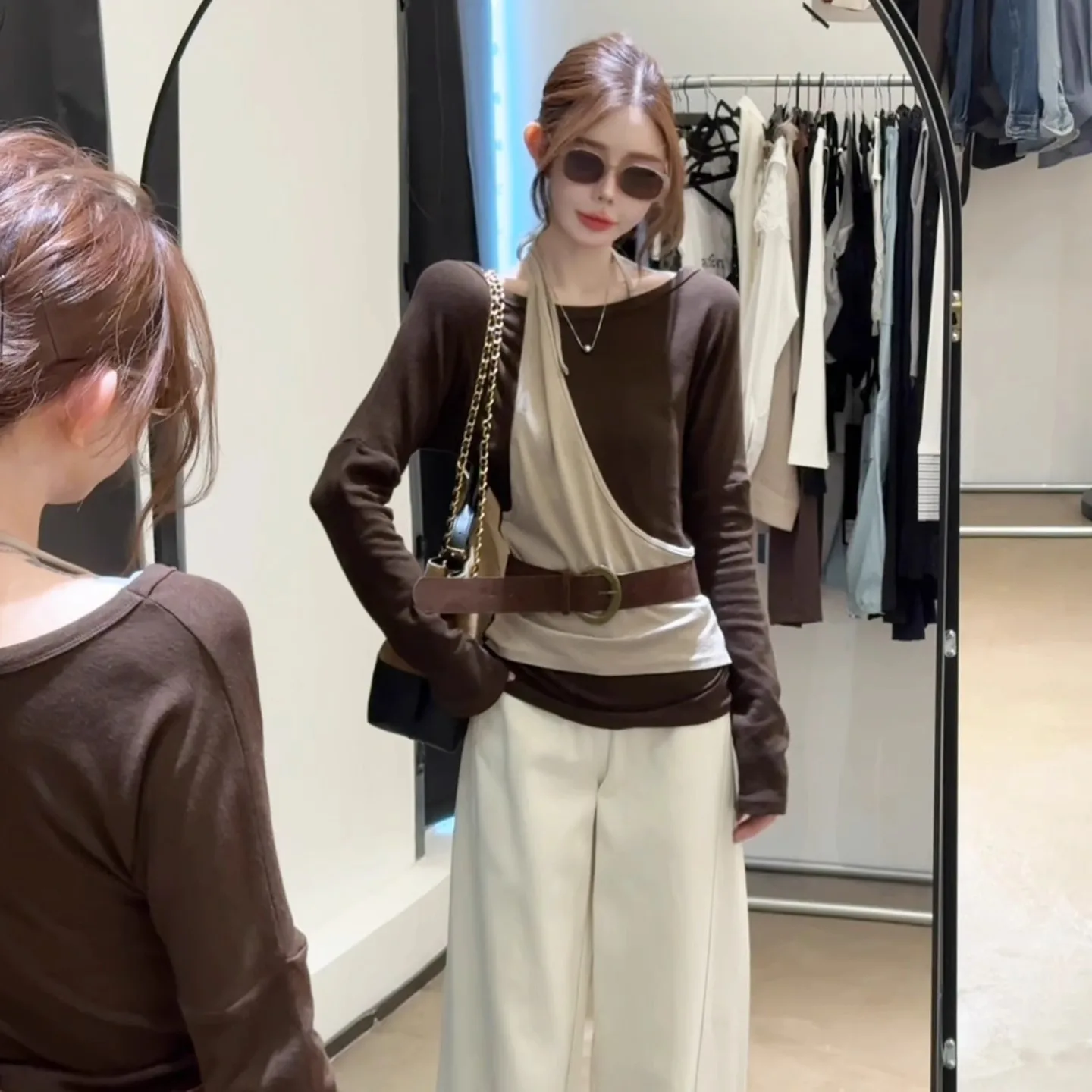 

Женские футболки с длинным рукавом из модала, бежевые, с классическим воротником, для офиса, делового стиля, повседневные, элегантные, сексуальные