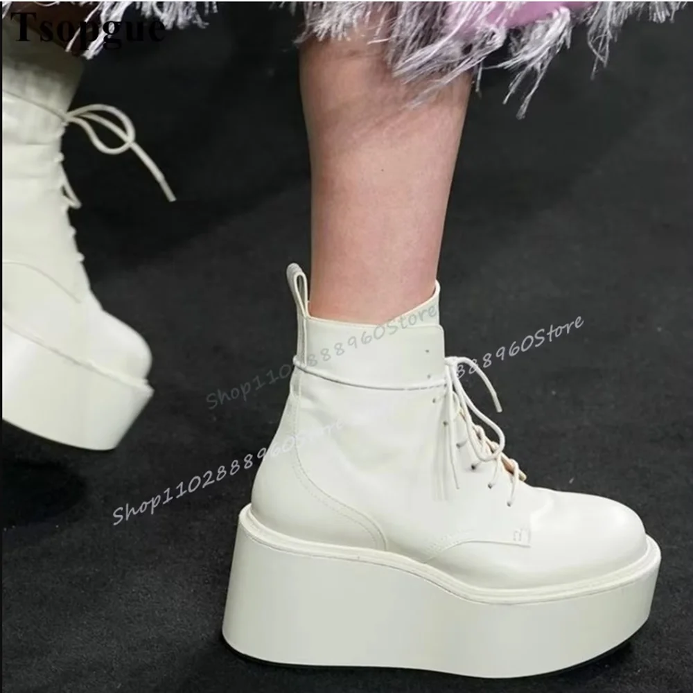 

Thick Soled White Matte Leather Ankle Boots Flat With Platform Shoes For Women Cross Tied Round Toe Casual Party Ankle Boots