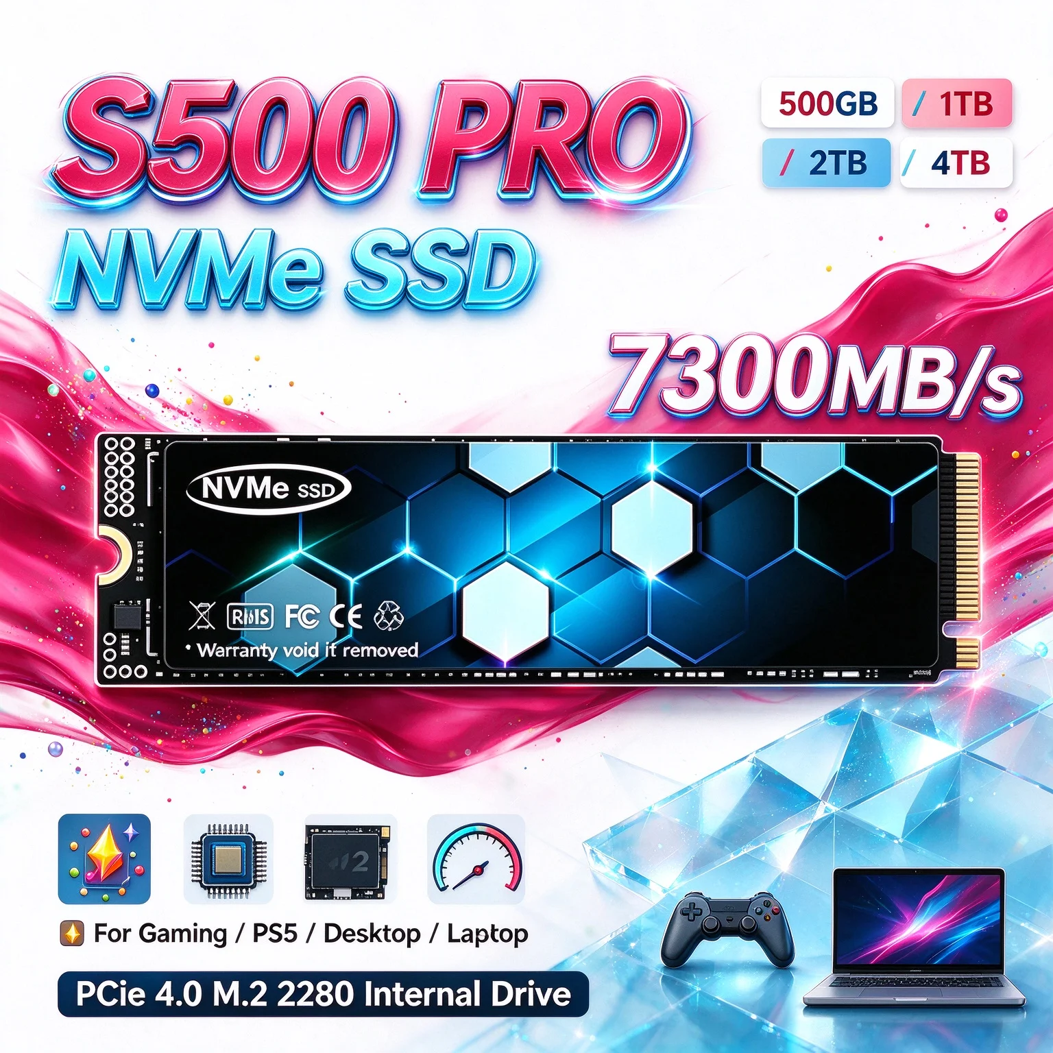 S5000 PRO NVMe SSD PCIe4 M.2 2280 7300MB/s Unleash The Speed Internal Drive for PS5 Desktop Laptop 1TB 2TB 4TB Built to Last