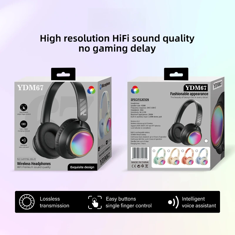 Som surround de alta fidelidade sem fio bluetooth ultra longa vida útil da bateria cabeça montada com cancelamento de ruído fones de ouvido luz colorida rgb