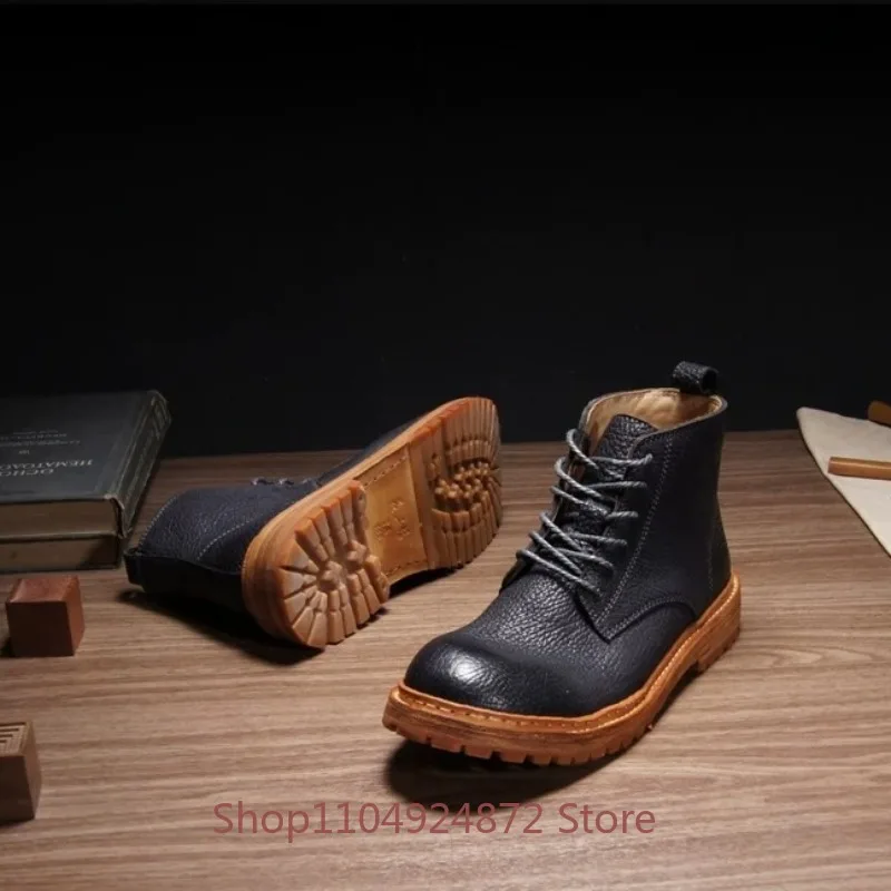 British Style Thick Bottom Motorcycle Work Boots Men's Shoes Western Wear-resistant Casual Genuine Leather Desert Boots Male