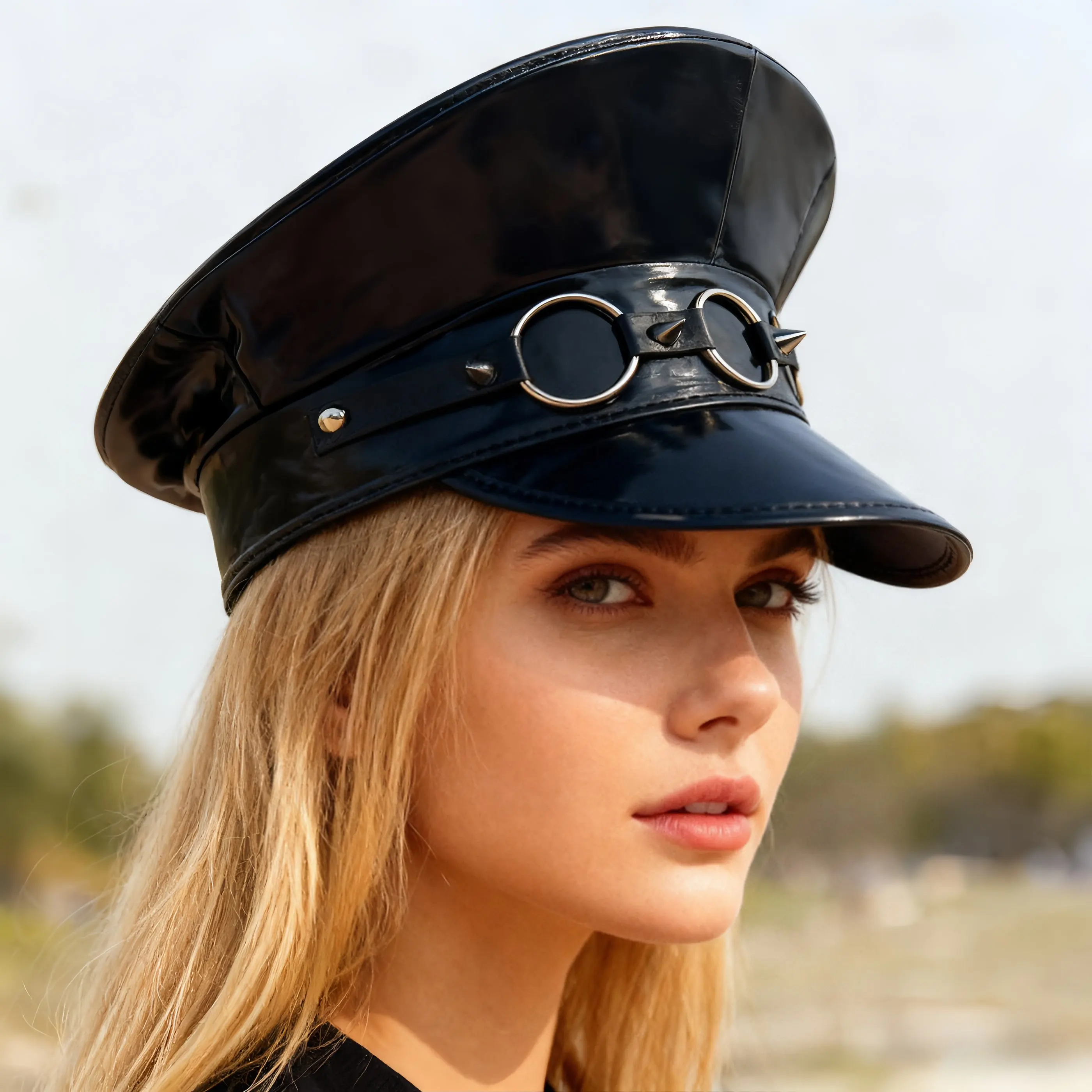 HongLuan Laser lederen kapiteinshoed Strass en militaire petten voor dames, Rave Festivals Accessoires & Feestpet Man Cosplay Fem