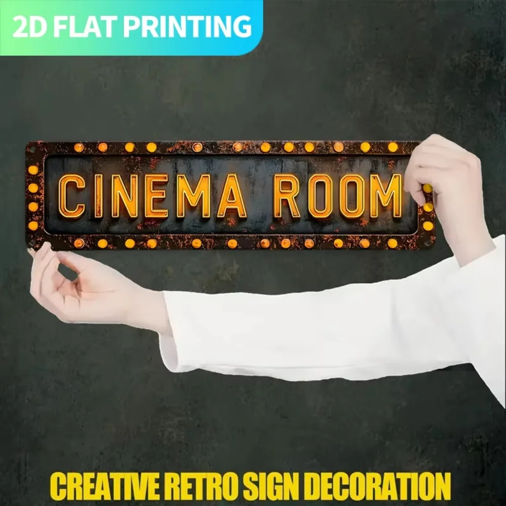 2D Flat Vintage Cinema Room Metal Wall Decor, Retro Marquee Sign With Pre-Drilled Holes Easy To Hang