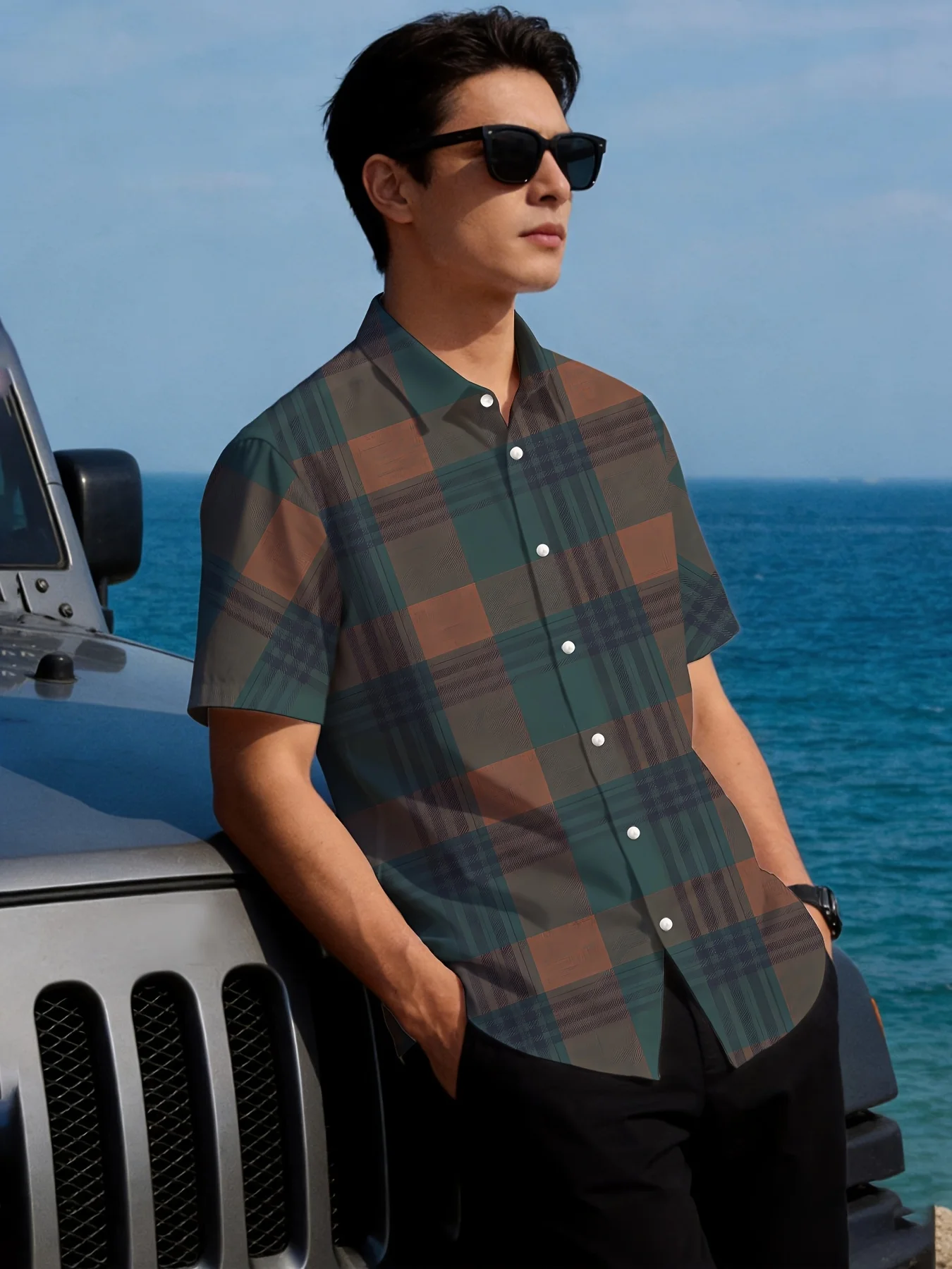 Men Dark Green Brown Vintage Plaid Commute Casual Cuban Collar Short Sleeve Shirt