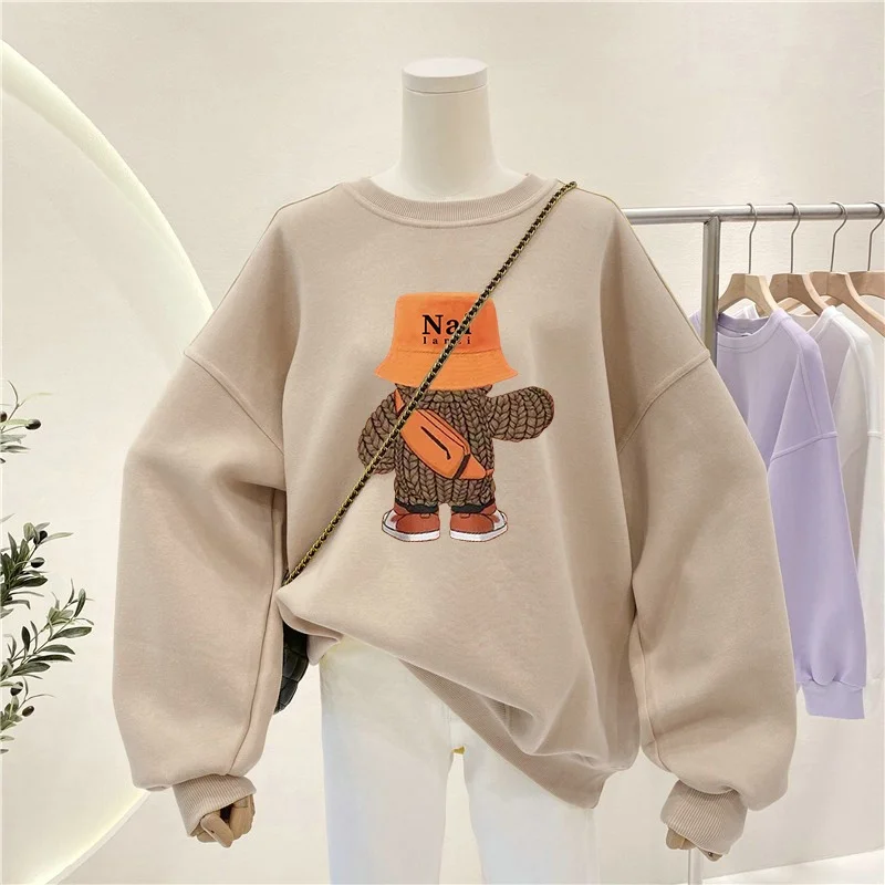 2023 Autumn and Winter New Fleece-Lined Thickened round Neck Plus size Hoodie Women Oversize Lazy Chic Top Outerwear