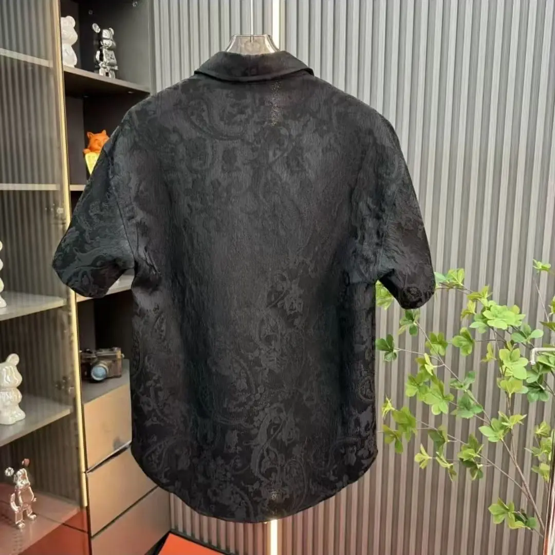 Summer High-quality Chinese Style Short-sleeved Shirt Men Light Luxury Jacquard High-end Black Fashionable Casual Shirt Jacket