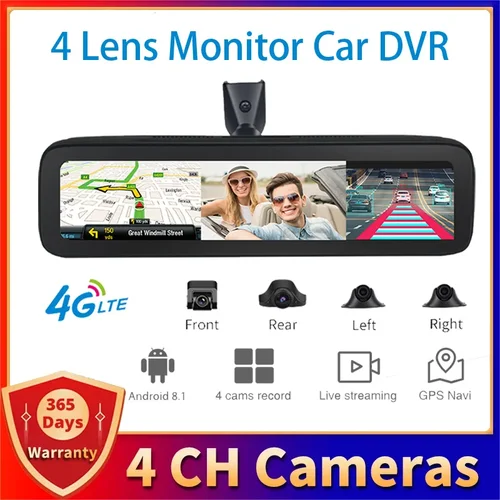 안드로이드 대시 캠 지지대 4G 4 렌즈 미러 카메라, HD 1080P 자동 카메라, GPS 와이파이 ADAS 자동차 DVR, 후면보기 포함, 11.25 인치, 2GB + 32GB 