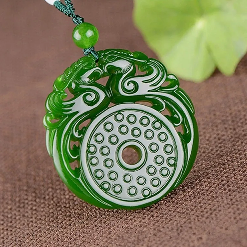 Natural Green Double-sided Carved Phoenix Jade Pendant Fashion Boutique Jewelry Men and Women Double Phoenix Necklace