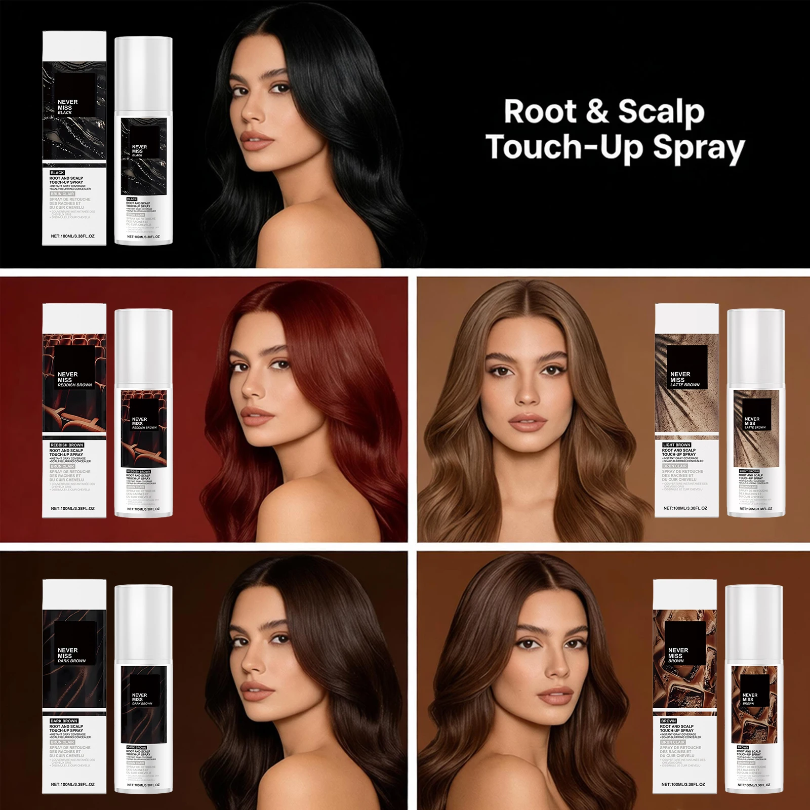 Black/Brown Root and Scalp Touch-Up Spray Covering Gray Hair One Time Color Correction Natural Looking Color Complementary Spray