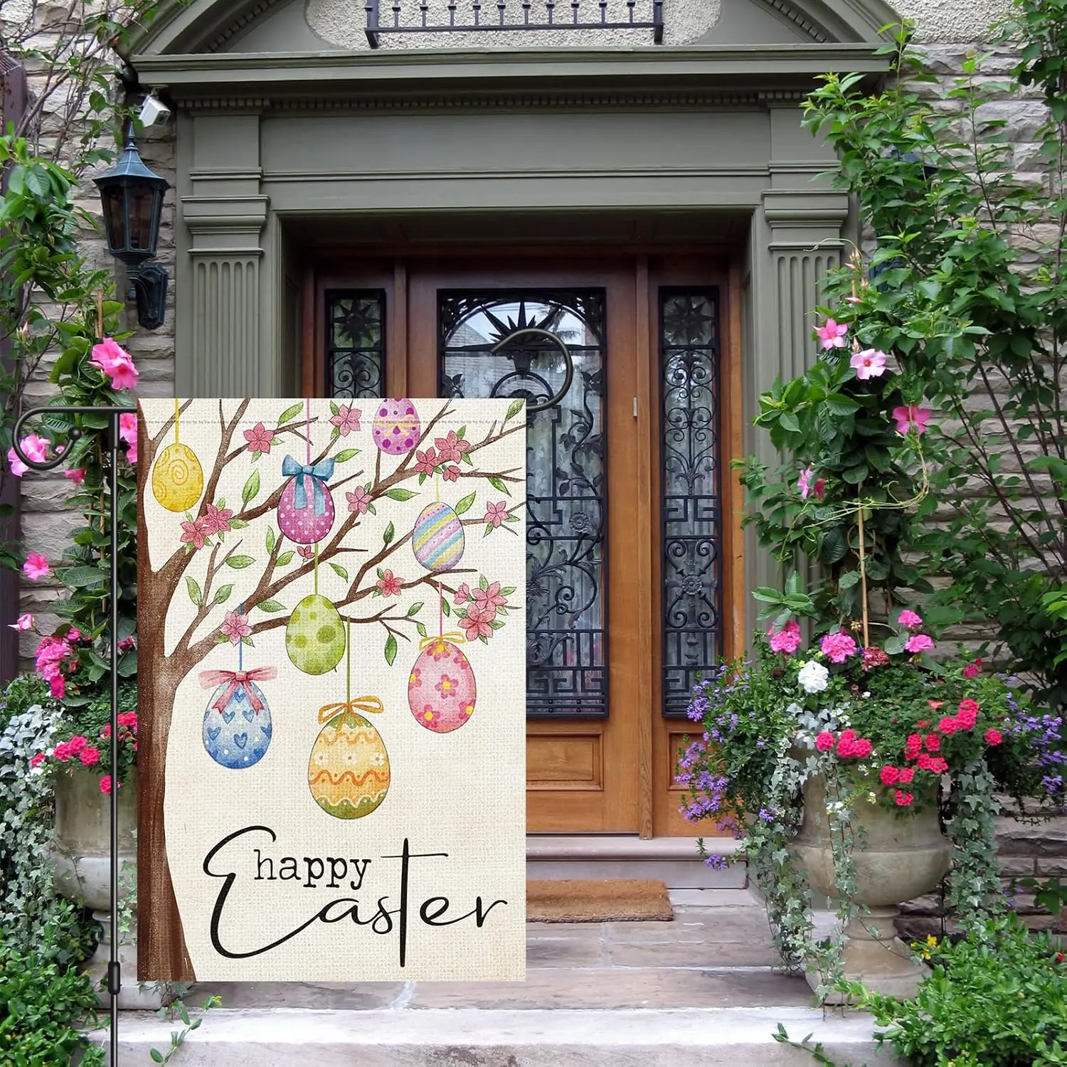 Louise Maelys Happy Easter Garden Flag Welcome Easter Egg Tree 12x18 Inch Double Sided Small Burlap Spring Holiday Yard Outd zzo