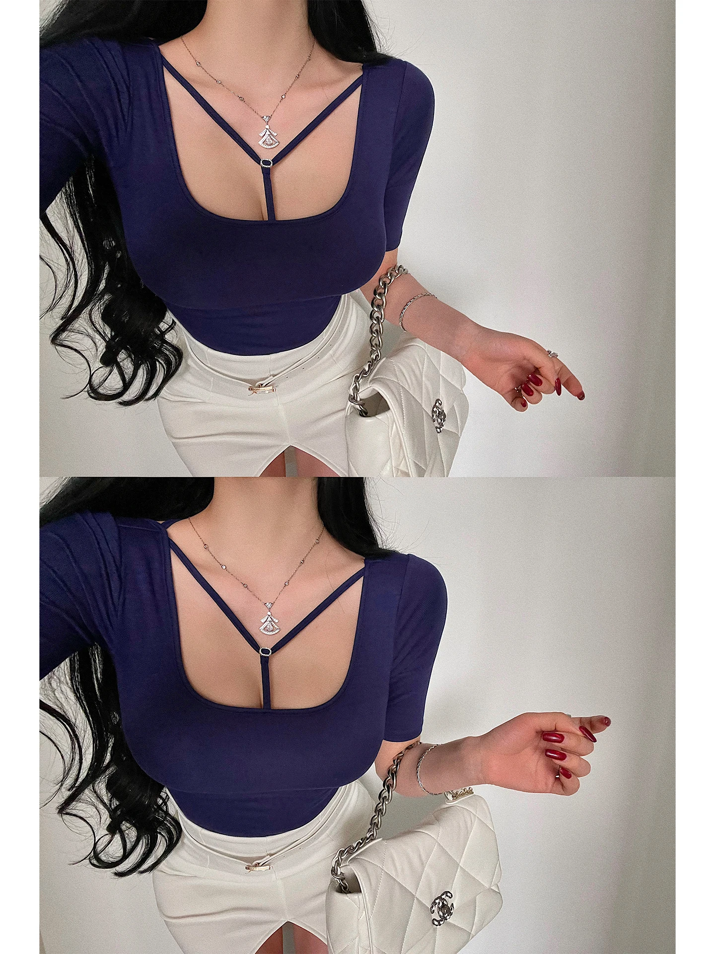 Sexy Young Girl Day T-Shirt mid Sleeve Slim Fit with Chest Pad Hollow out Strap Design Chinese Style Women's Casual Top