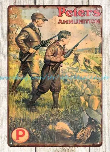 PETERS AMMUNITION father son hunting gun rabbit metal tin sign wall hangings