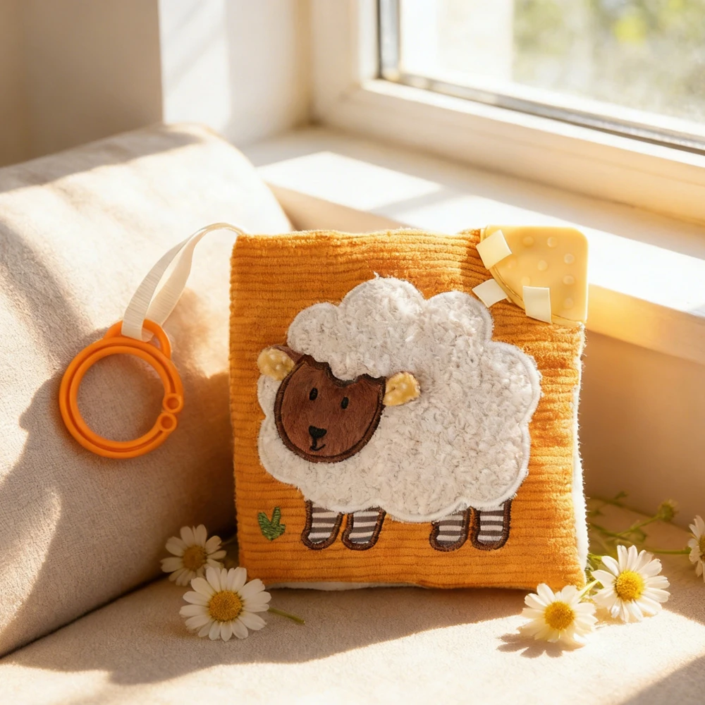 3D Plush Baby Cloth Book With Teether Ring Montessori Sensory Crinkle Book For Newborns 0 36 Months Washable Tear Resistant Inte