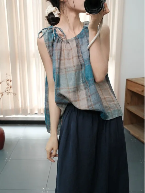 

Retro Style Plaid Sleeveless Shirt Women's Fashionable Age-Defying Versatile Neck-Tie Vest Summer 2026 Bamboo Charcoal Fiber