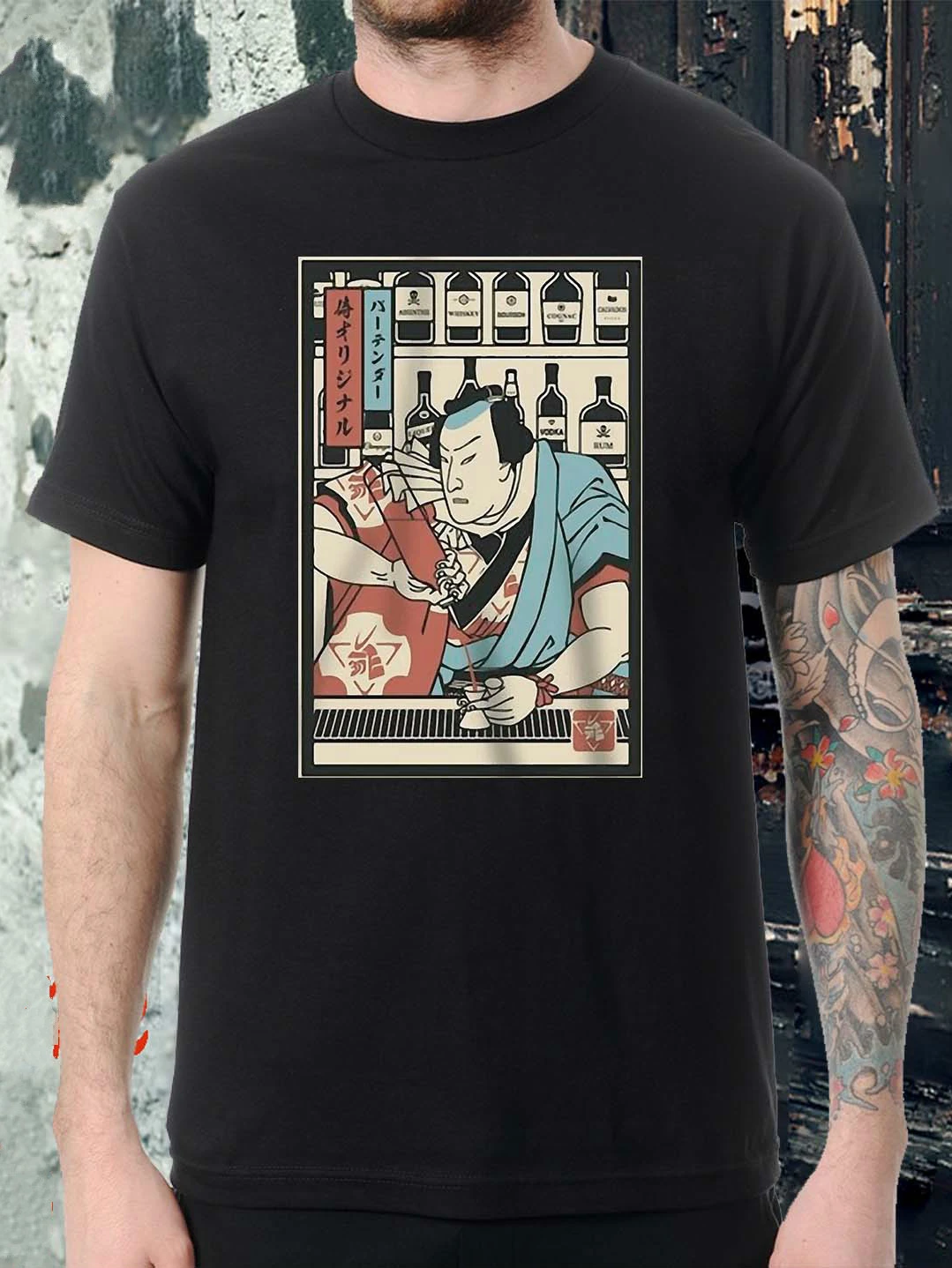 

Japan Bartender Samurai Ukiyoe T Shirt. New 100% Cotton Short Sleeve O-Neck Mens T-shirt Casual Streetwear Top Harajuku