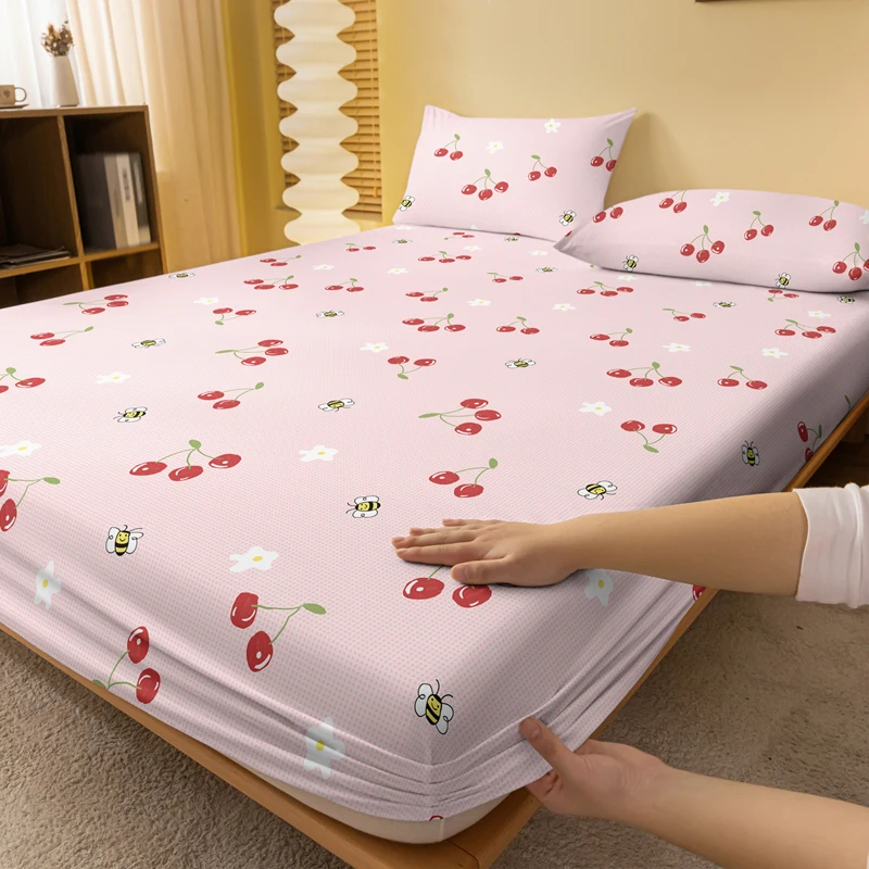 1 ملاءة مجهزة غير لامعة مطبوعة على شكل فاكهة كرتونية لطيفة على شكل نحلة الكرز، غطاء سرير مطبوع لغرفة النوم، الفراش (باستثناء أكياس الوسائد) #2