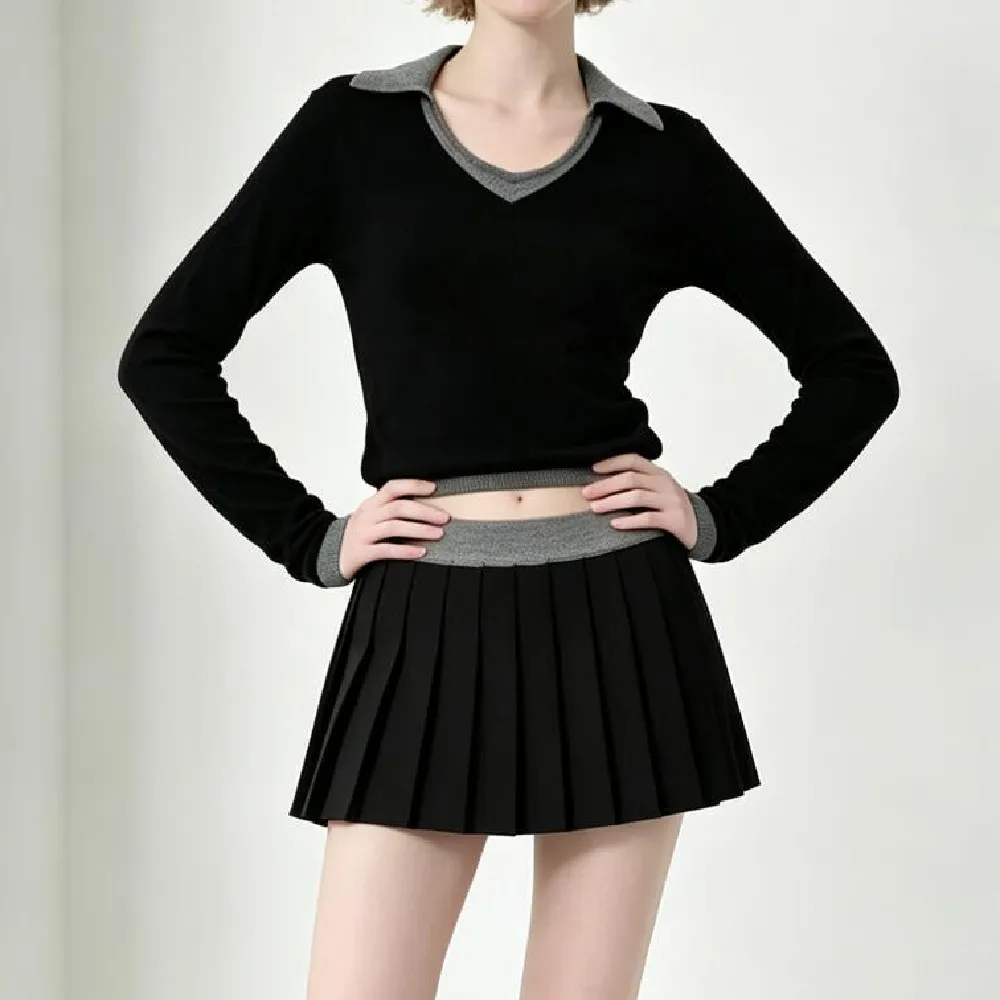2 Pieces 1 Set O Neck Single-breasted Buttons Knitted Cardigan Crop Sweater Elastic Low Waist Extra Mini Skirt Suits Red Black