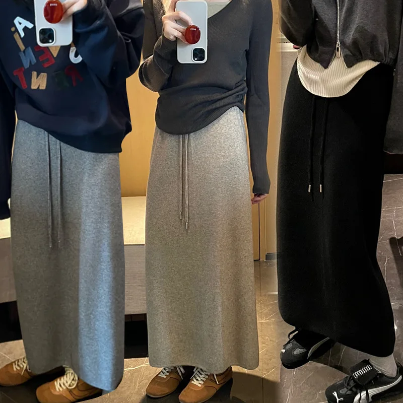 Fall Winter Maternity Clothes Premama Mid-Calf Stretch Belly Skirt Casual Pregnant Women Slit Knitted Drawstring Dress Vestidos